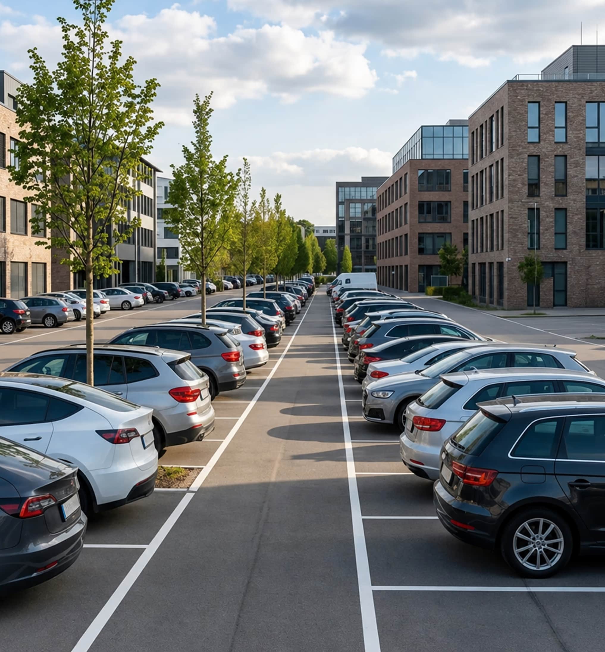 Company parking with vehicles parked along an office building