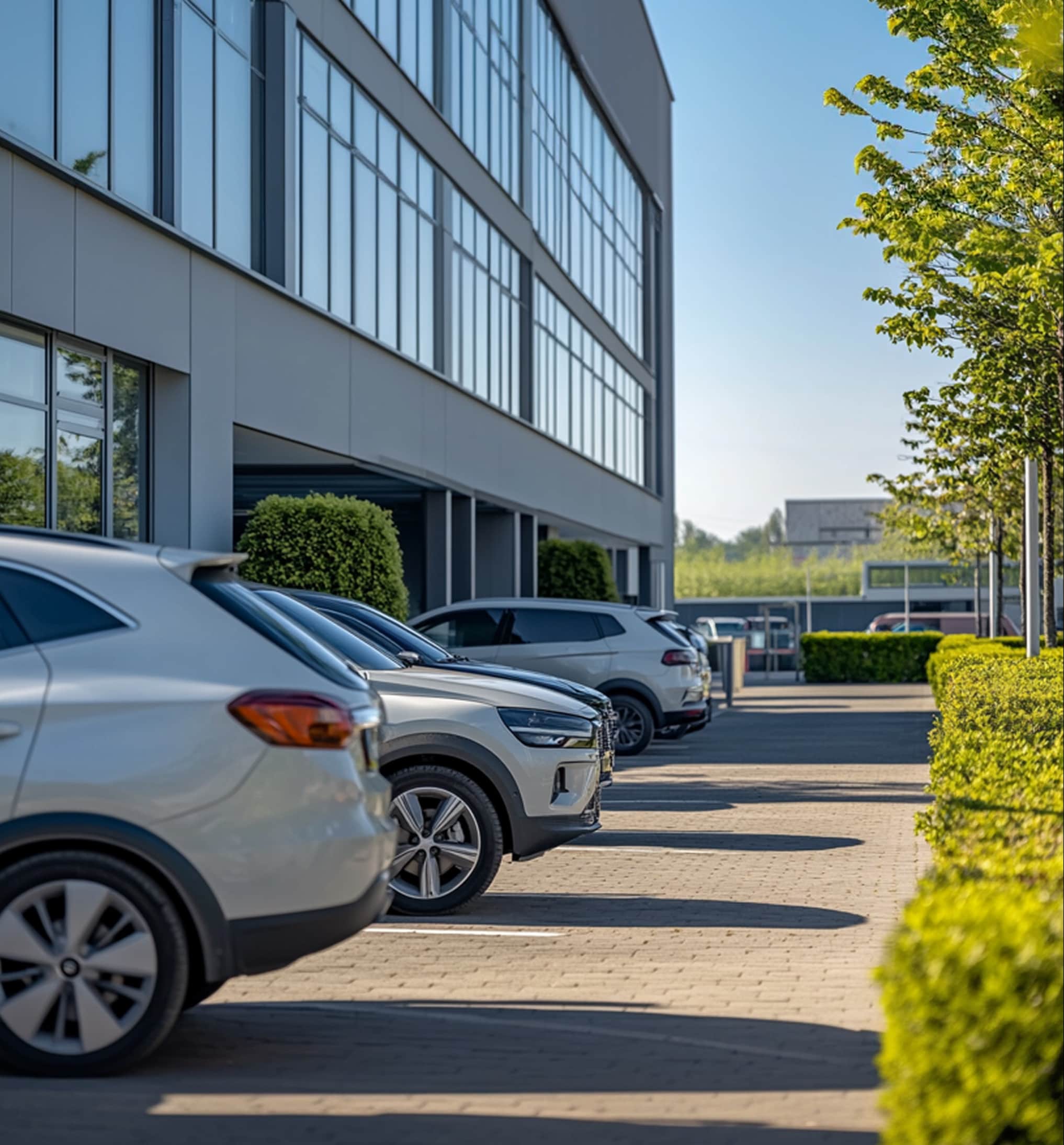 A busy customer car park in front of a modern commercial building