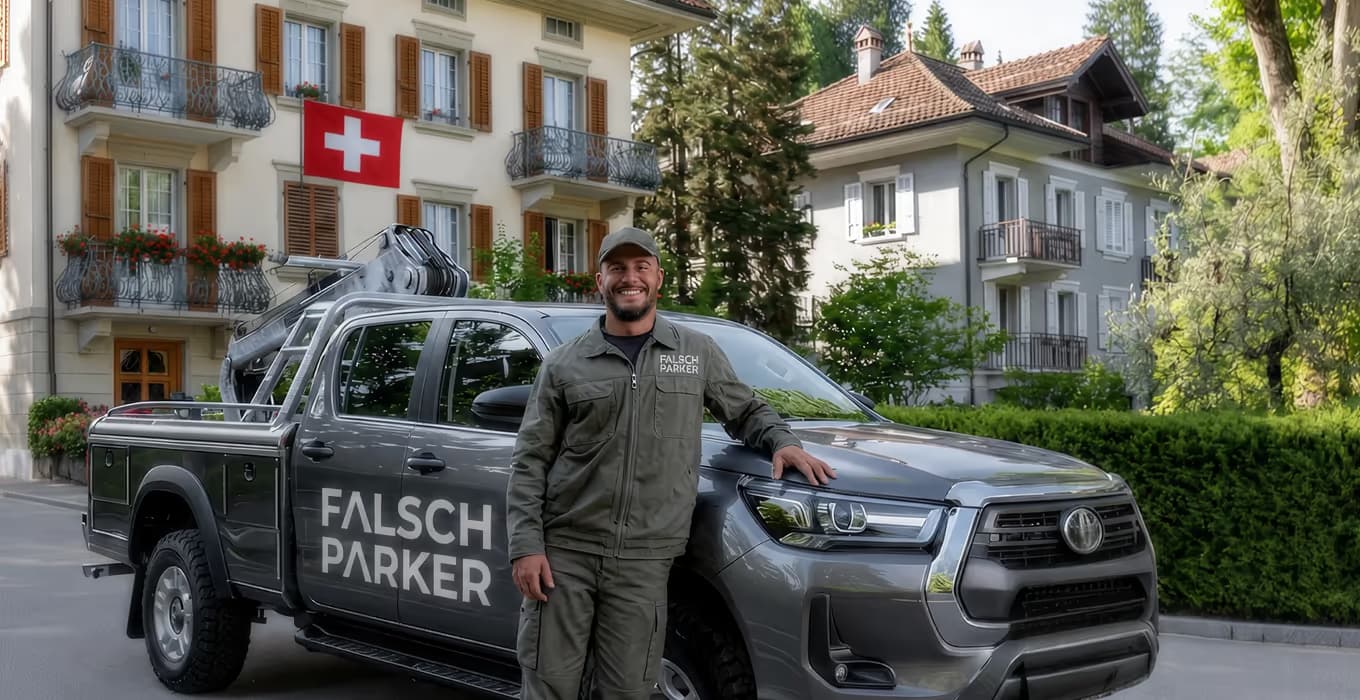 FalschParker employee in uniform leaning on a grey branded tow pickup outside a chalet flying a Swiss flag