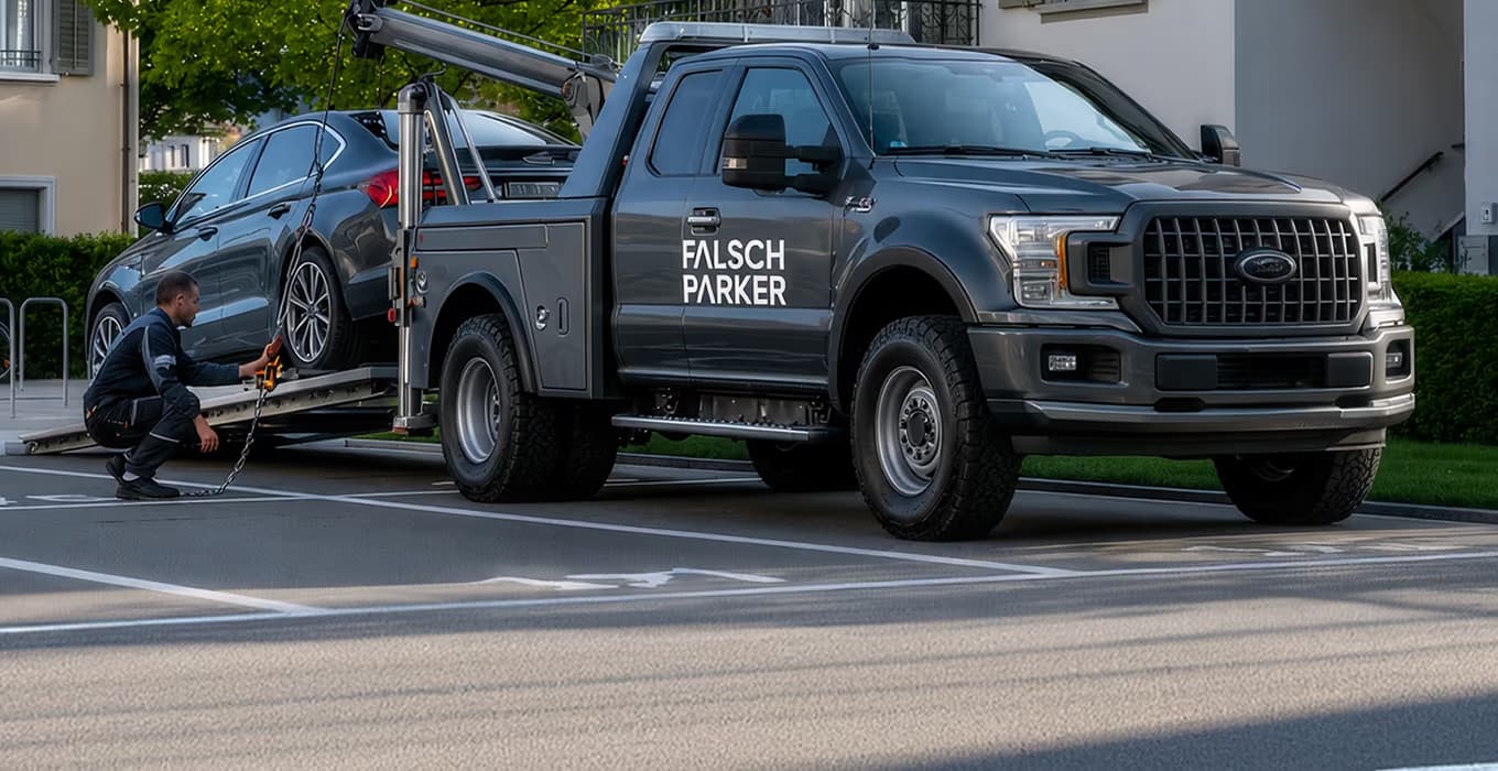 A FalschParker tow truck loading a wrongly parked car in a residential car park