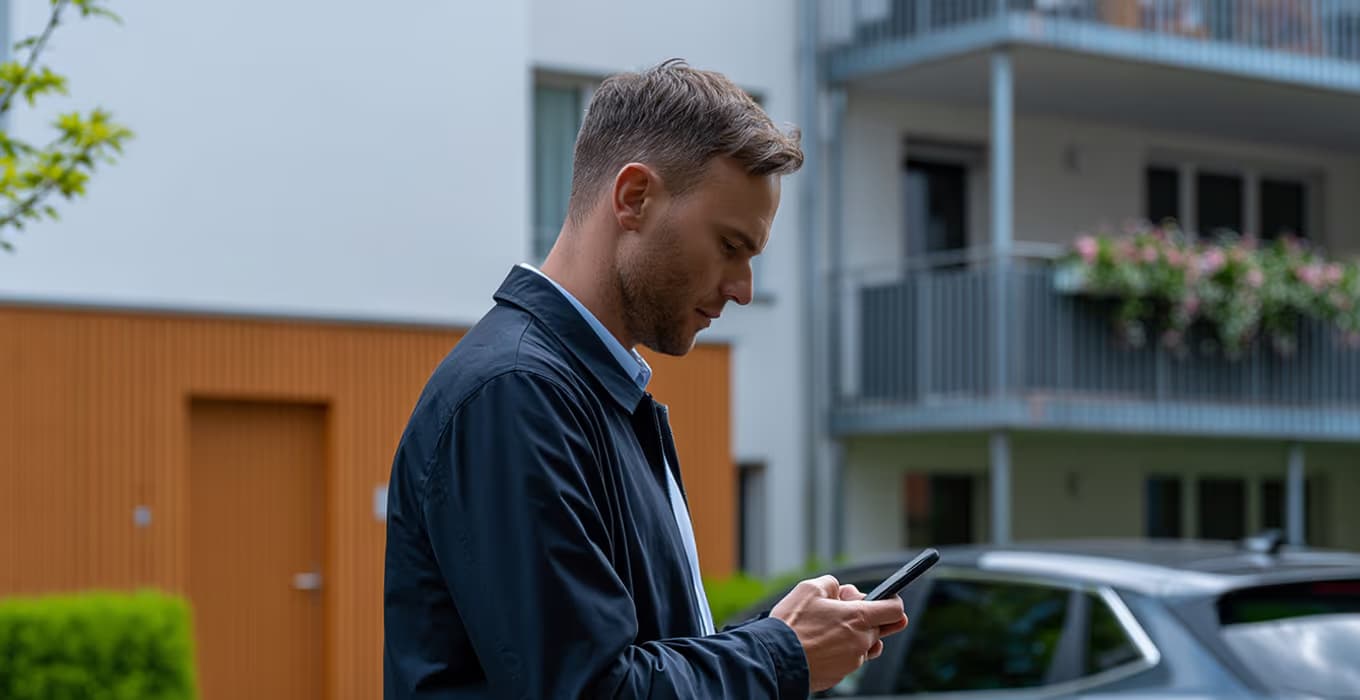 A man reporting a wrongly parked car on his smartphone outside an apartment building