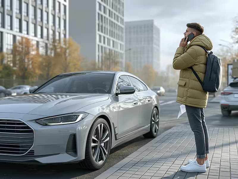 A man on the phone next to a parked car between office buildings