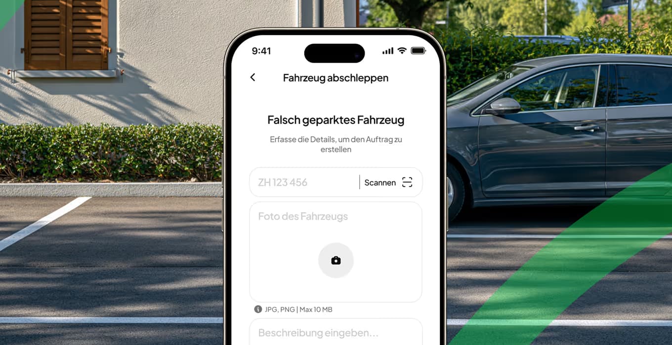 Smartphone showing the FalschParker app’s towing request form in front of a parked car