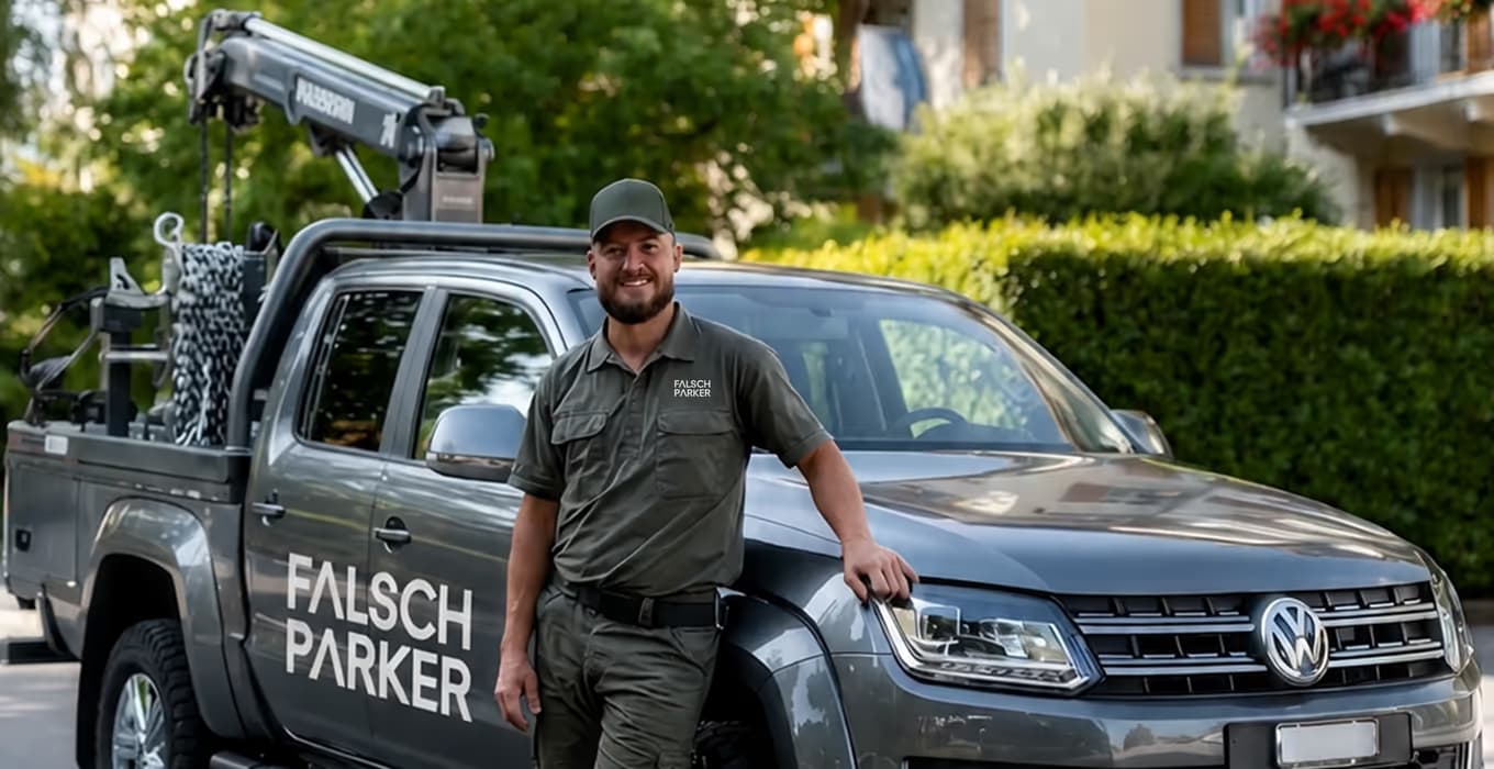 FalschParker employee leaning on a grey branded pickup with a crane in front of a hedge