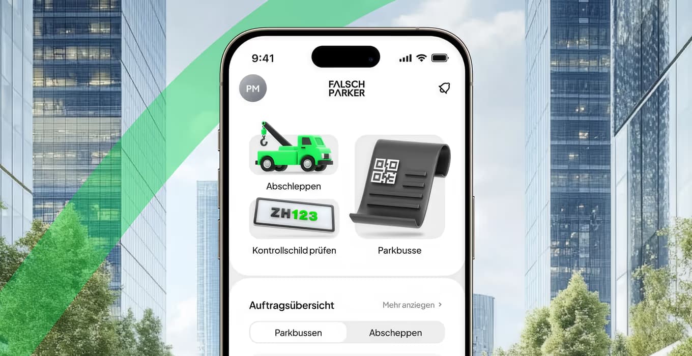 Smartphone showing the FalschParker app home screen with tiles for towing, plate checks and parking fines