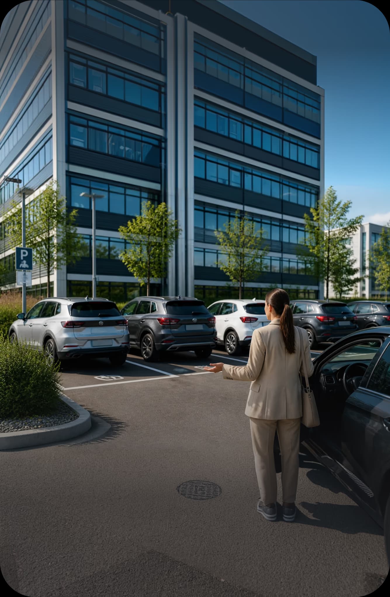 Employees looking for a free bay on a full company car park