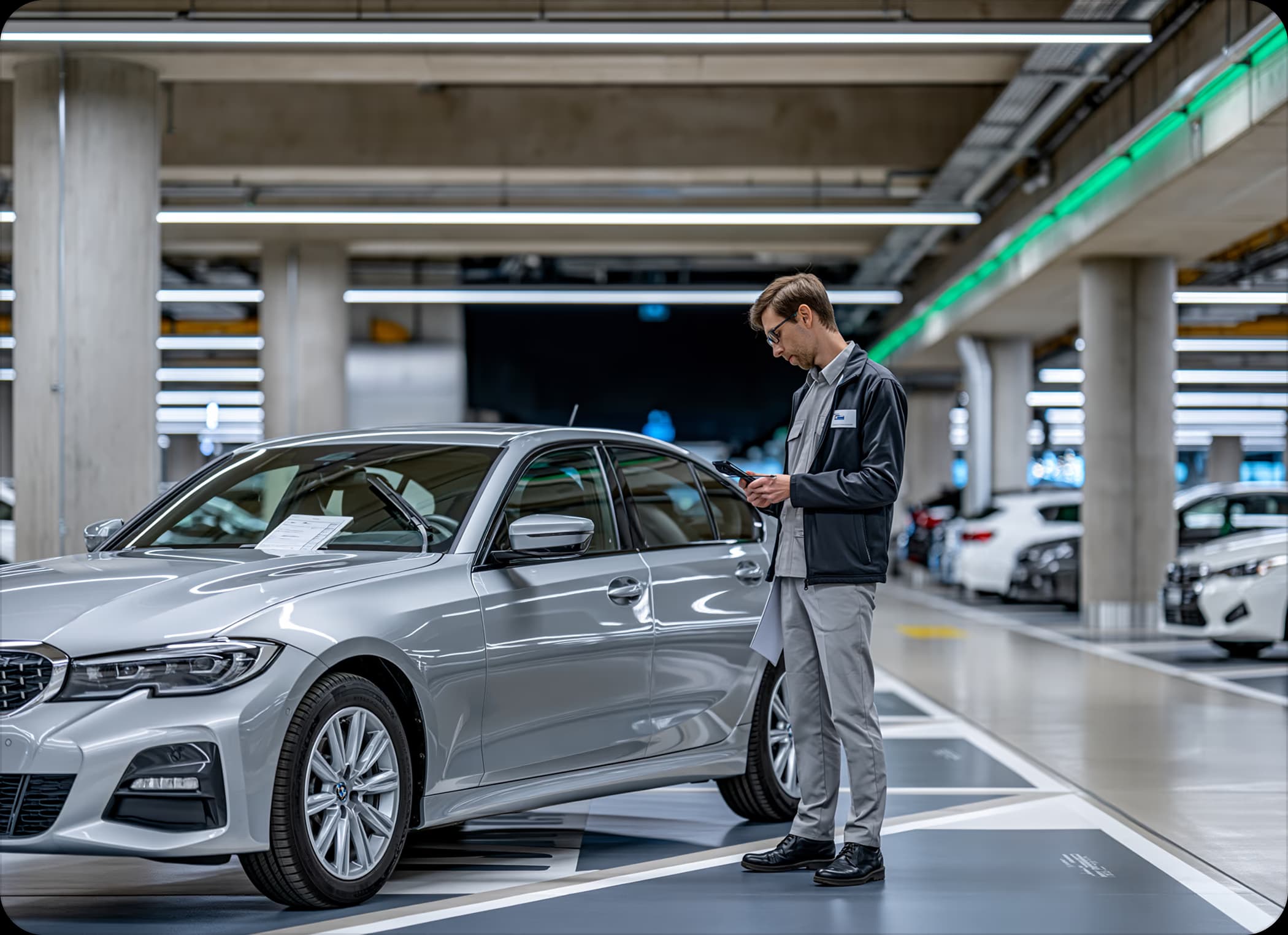 An employee capturing a wrongful parker in an underground garage with a smartphone