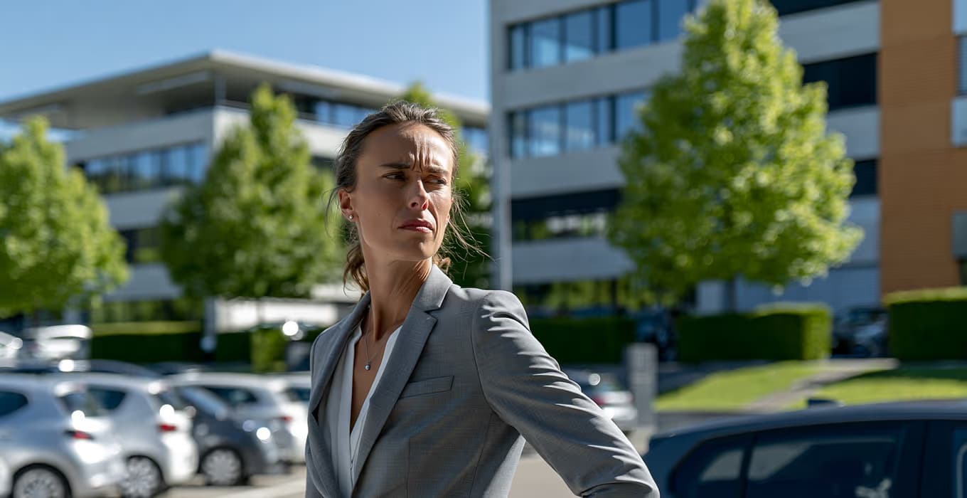 Verärgerte Geschäftsfrau auf einem voll belegten Firmenparkplatz