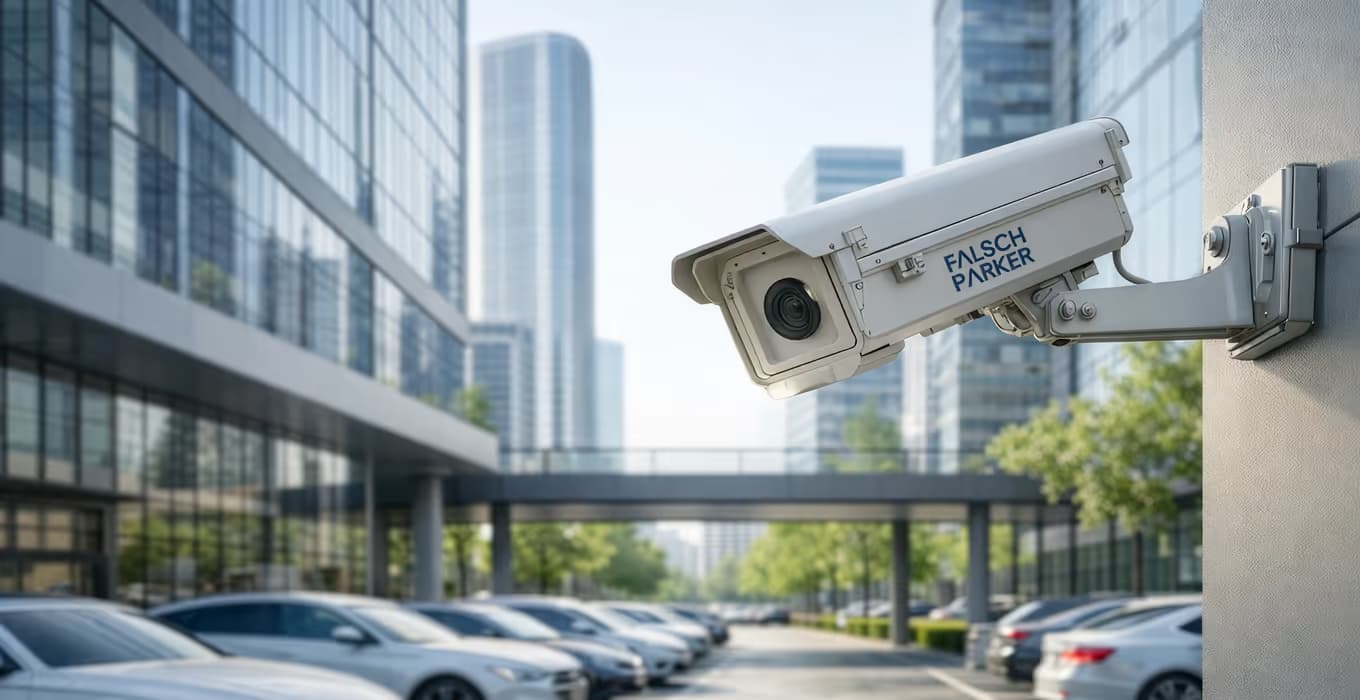 Surveillance camera branded FalschParker mounted on a wall above a car park in front of office towers