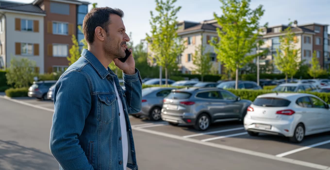Man in a denim jacket on the phone in a residential car park lined with parked cars