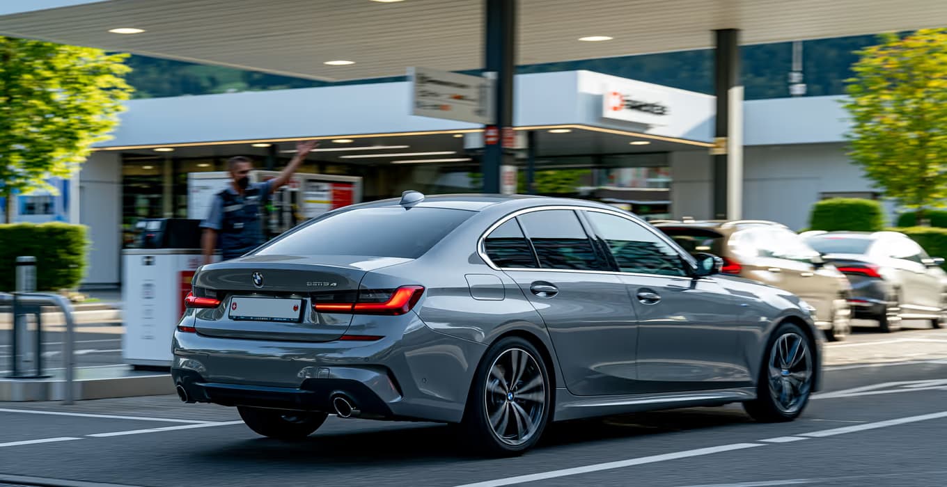 Grey BMW driving away from a petrol station forecourt while an attendant gestures in the background