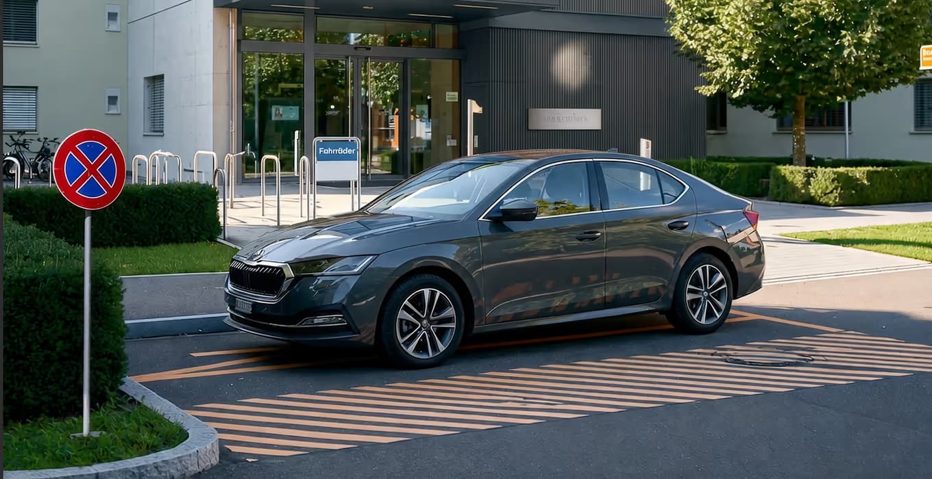 Dark grey Škoda parked across a hatched no-stopping area by a building entrance, next to a no-stopping sign