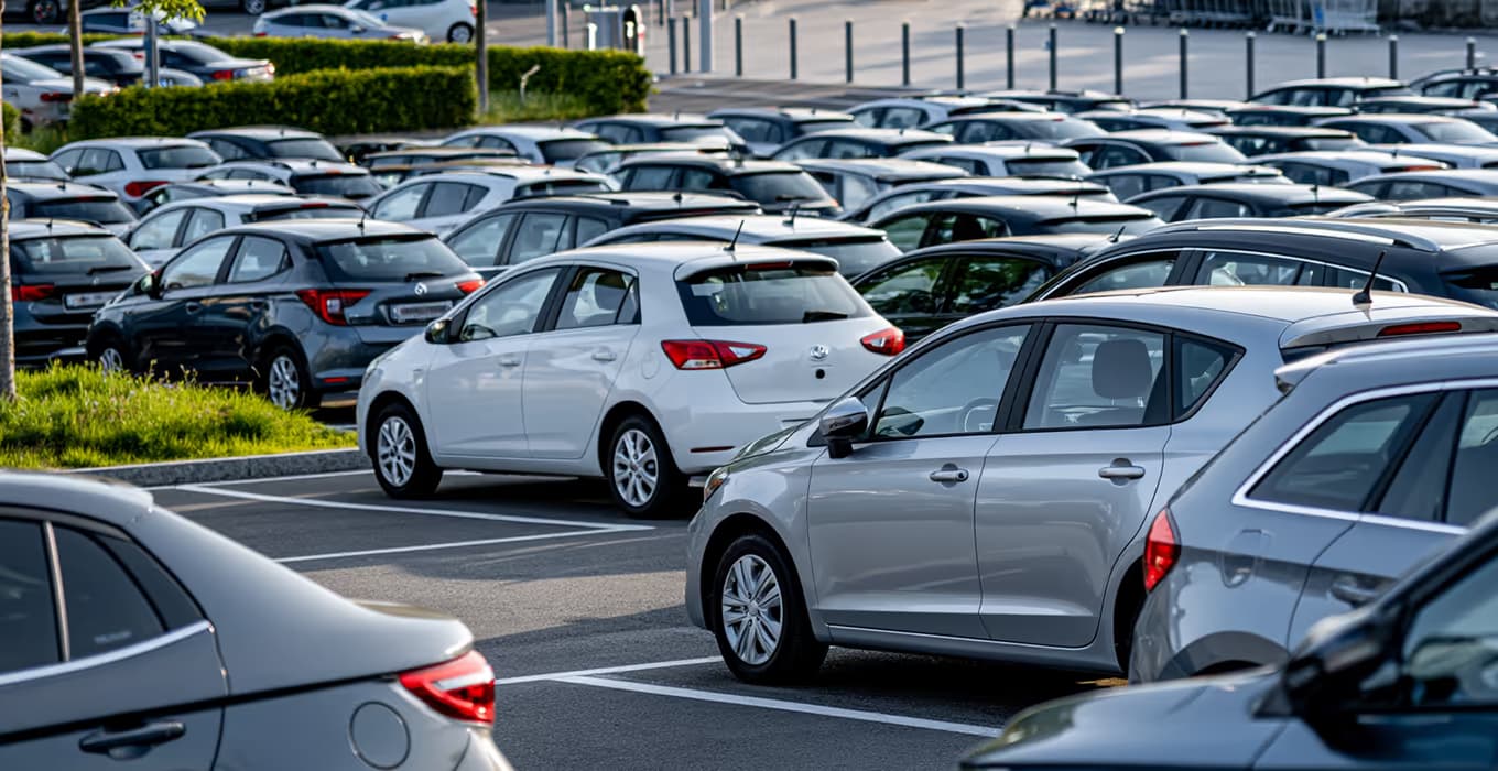 Densely occupied car park with rows of cars in marked bays
