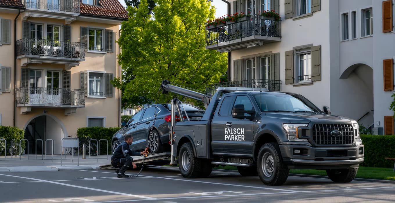 FalschParker tow truck loading a dark car while an employee crouches to secure it
