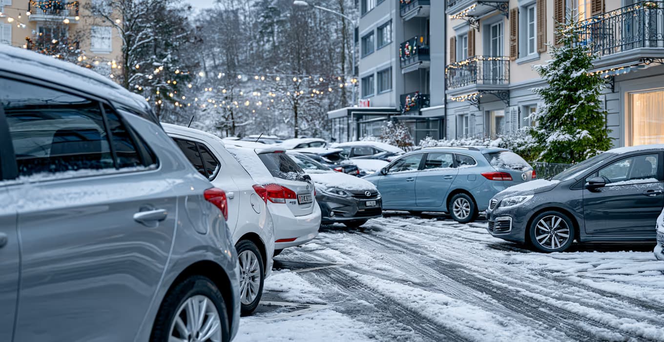 Snow-covered cars parked along a lane with Christmas lights and a decorated tree