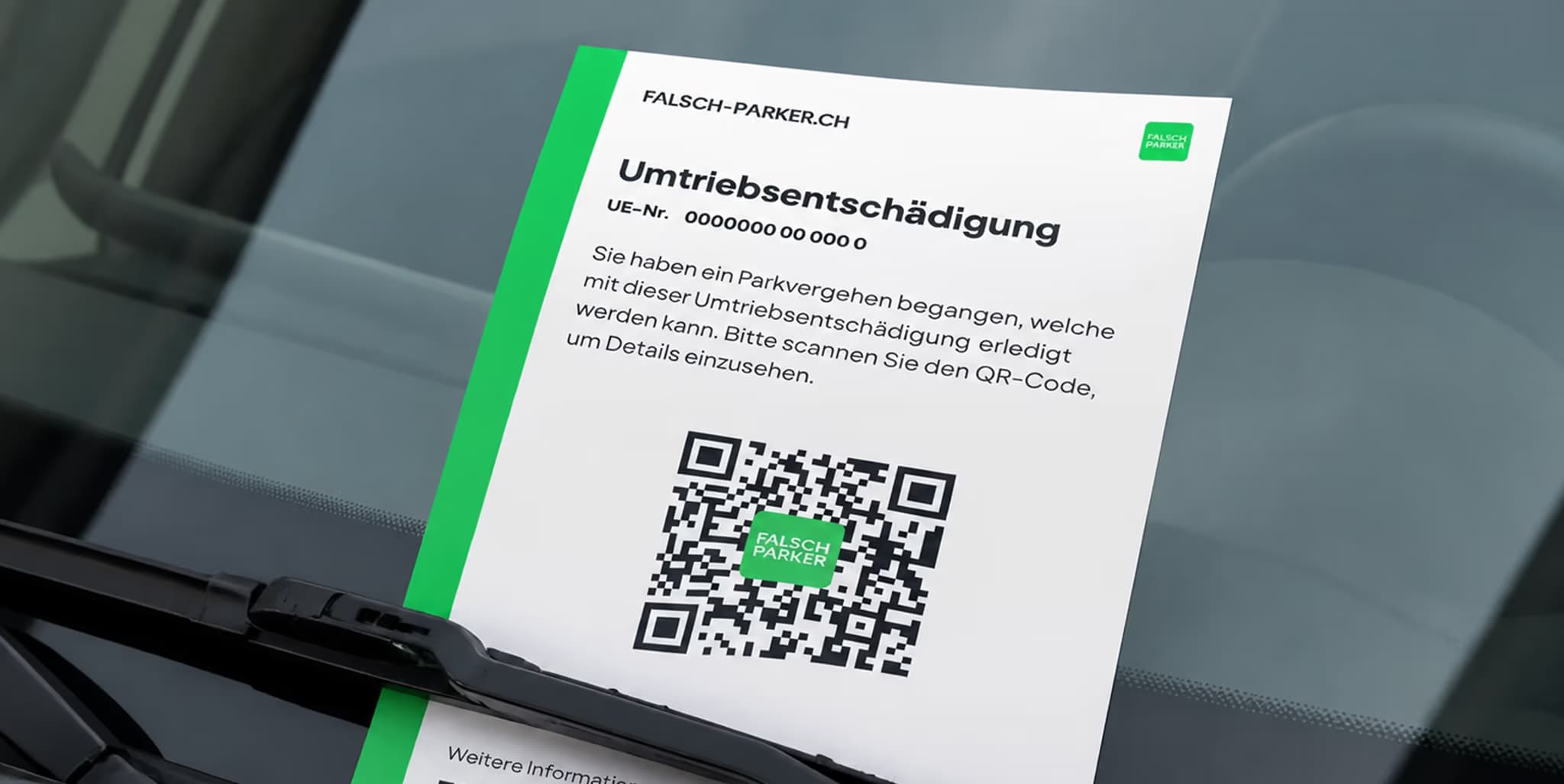 A falsch-parker.ch “Umtriebsentschädigung” notice tucked under a car’s windscreen wiper