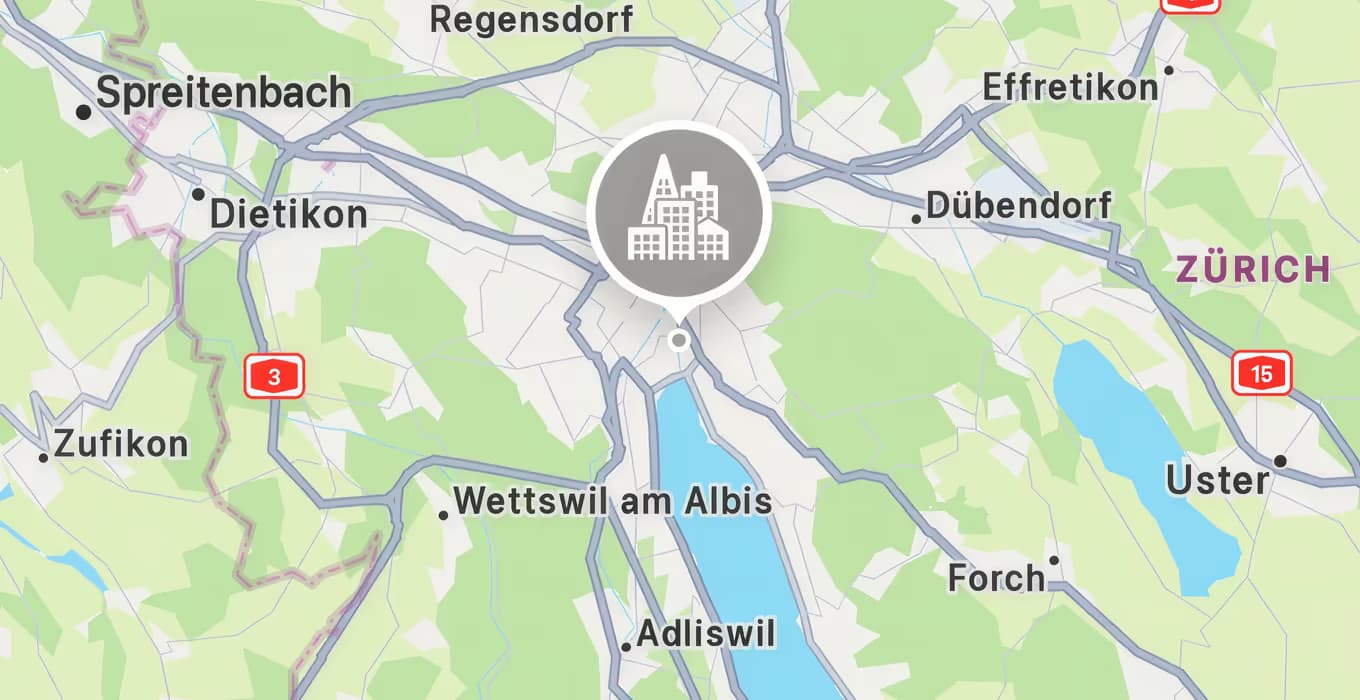 Map of the Zurich region with a building marker pinned over the city