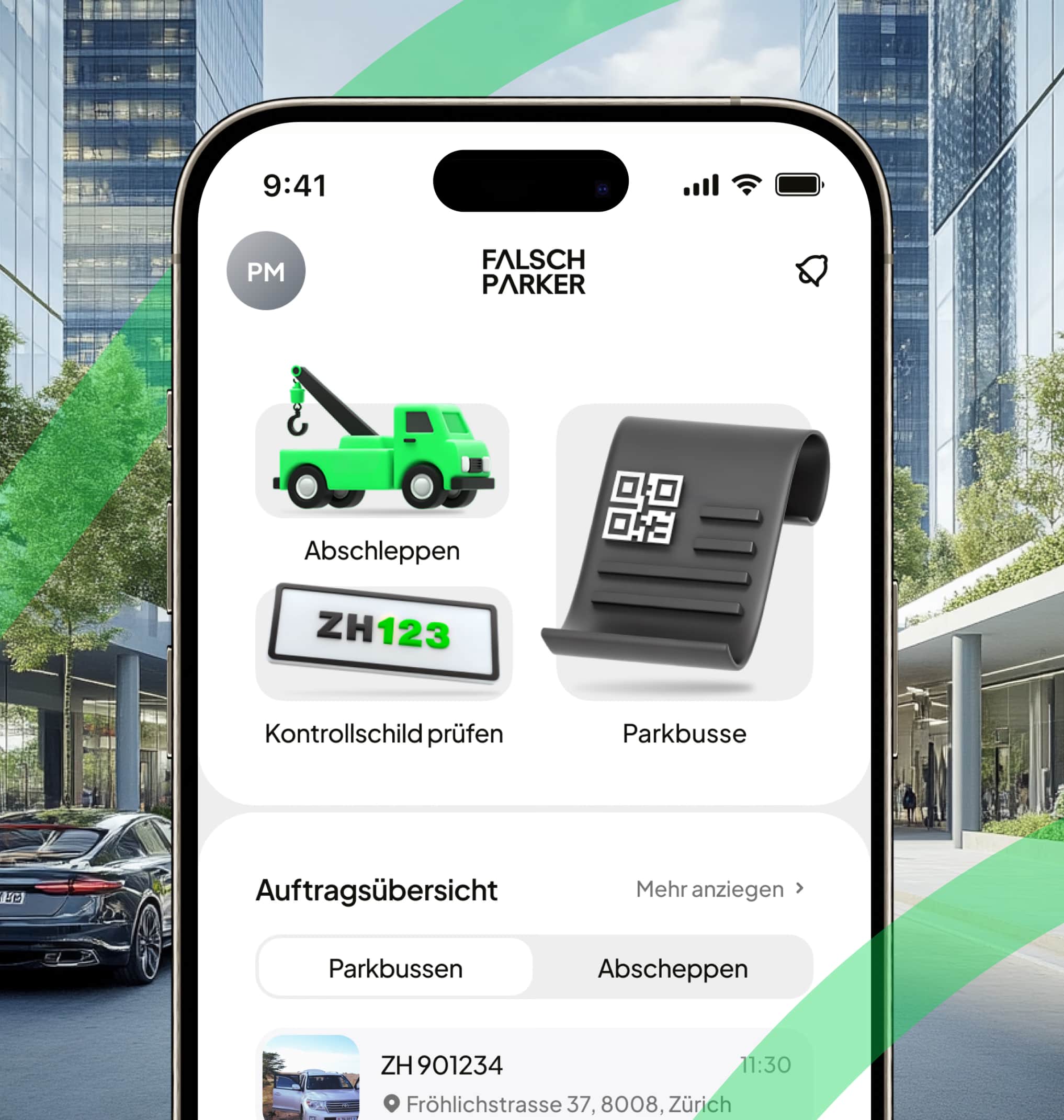 The FalschParker app showing towing, plate check and parking charges in front of modern offices
