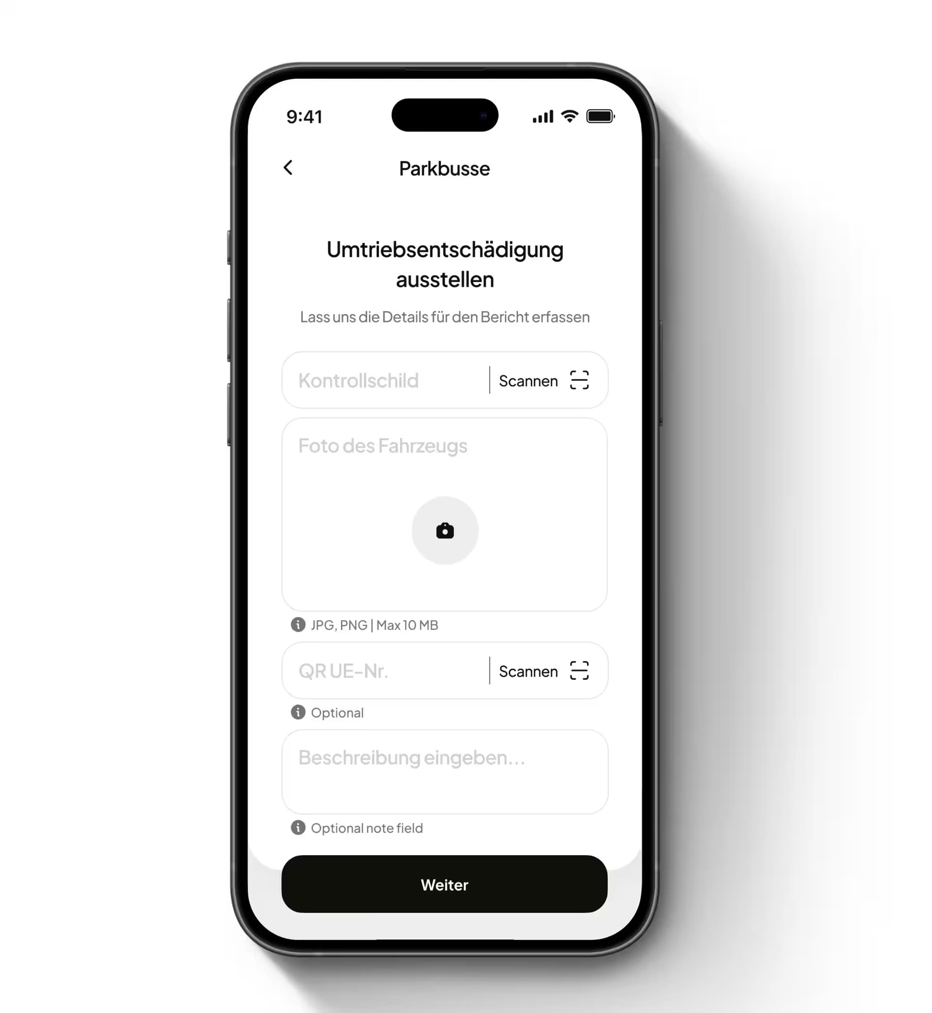 FalschParker app: the form for issuing a compensation claim, with plate scanning