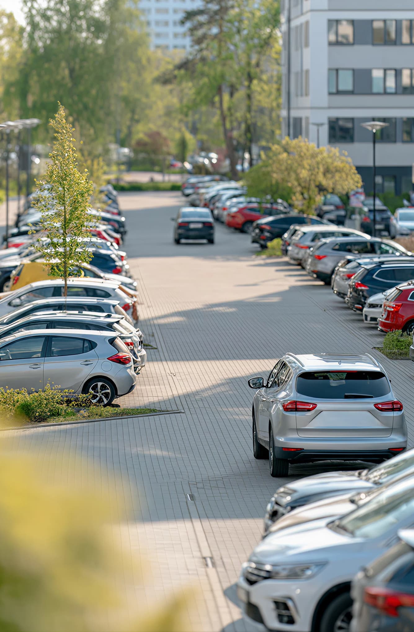 Parking spaces in a large residential complex with many vehicles