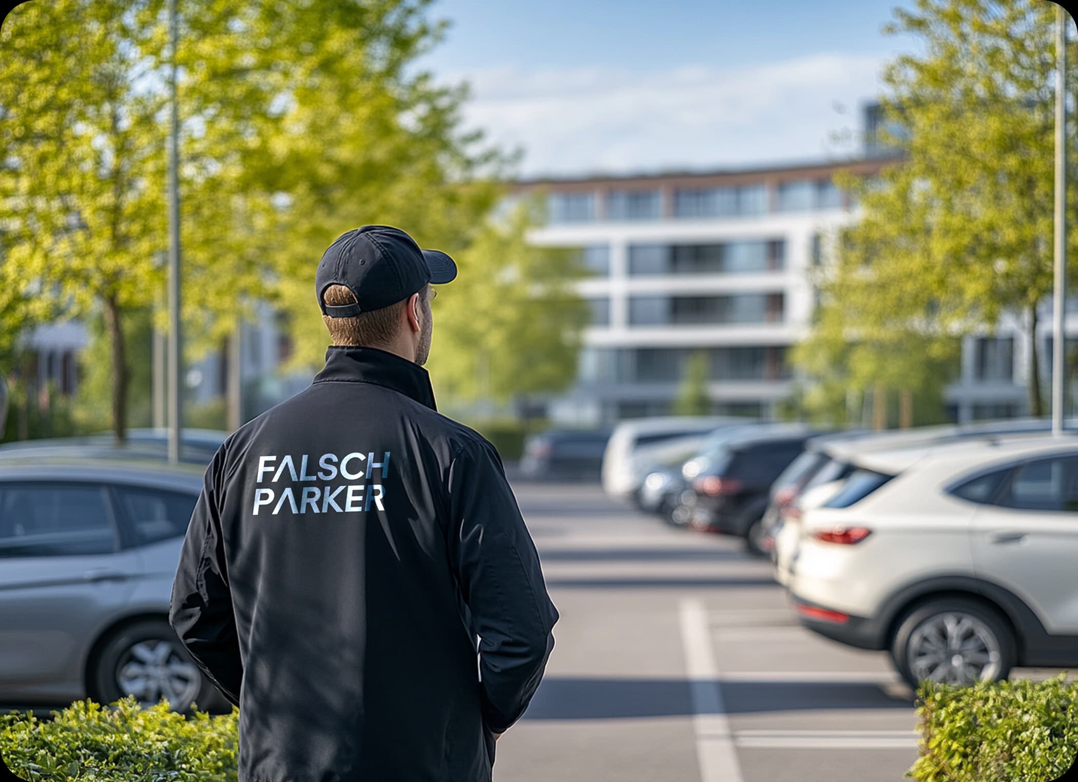 Parking guard in FalschParker jacket monitoring a parking lot