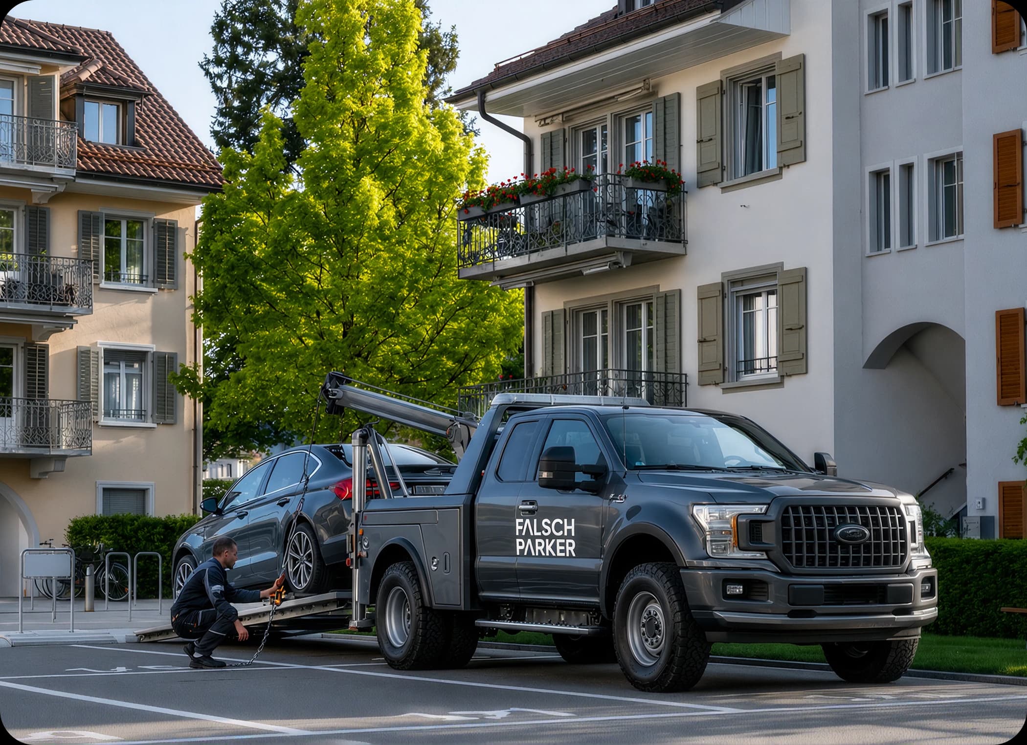 Tow truck in a modern city setting
