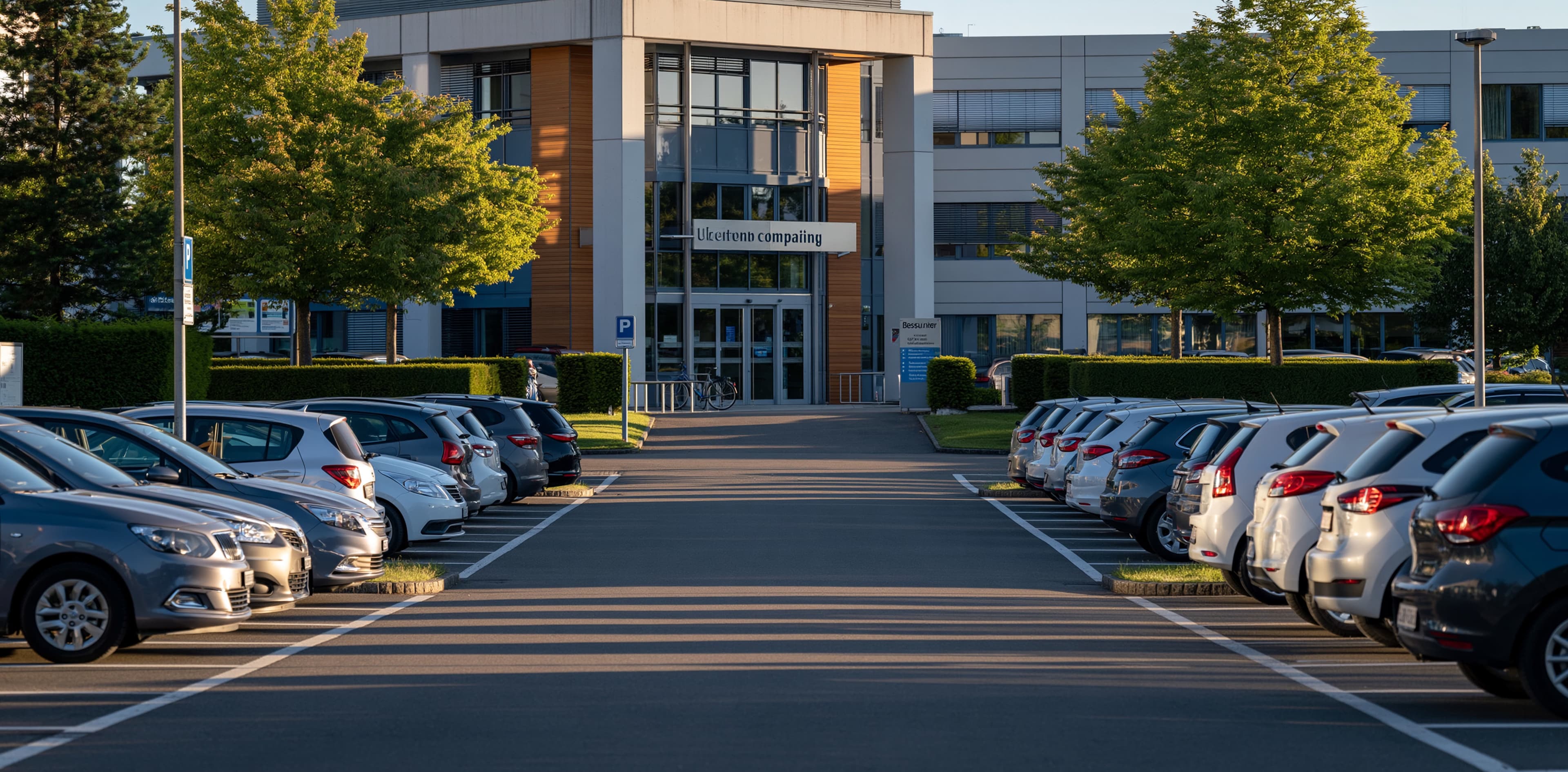 Company car park filled with vehicles in front of an office building in the evening sun