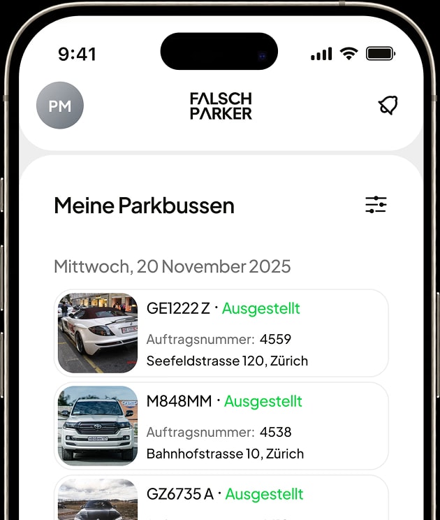 FalschParker app: overview of reported cases and ticket notifications
