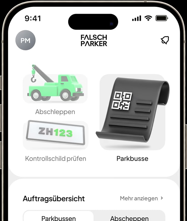 The FalschParker app showing the job overview on a smartphone