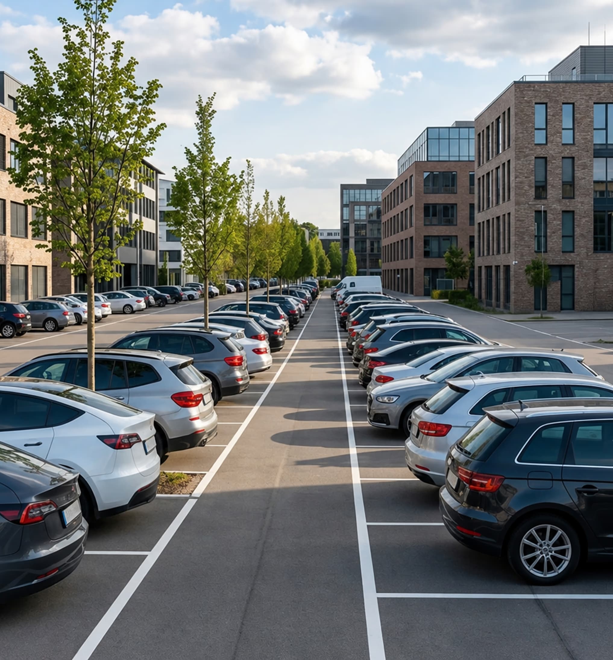 Company parking with vehicles parked along an office building