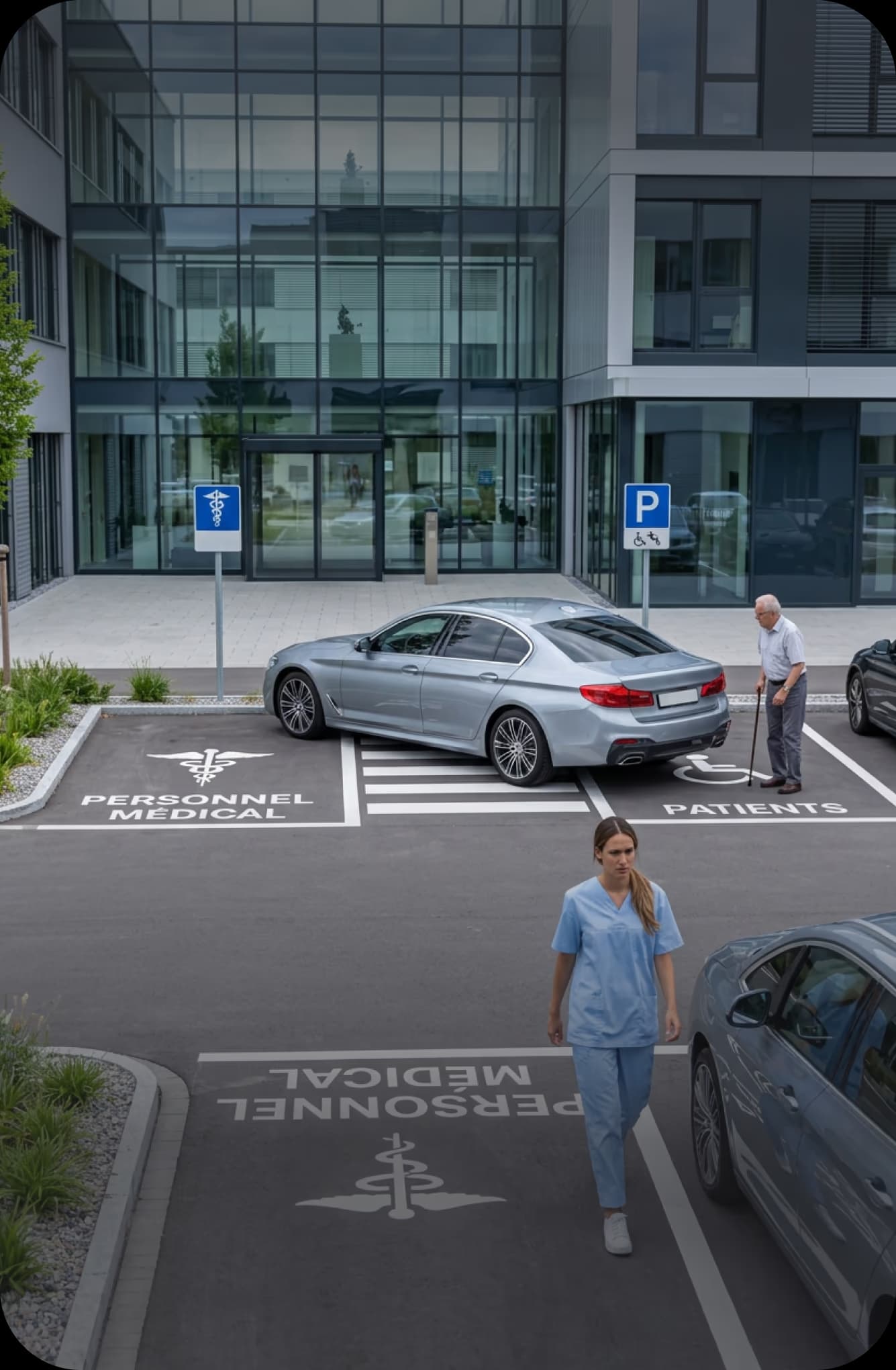 Reserved staff and patient bays in front of a clinic