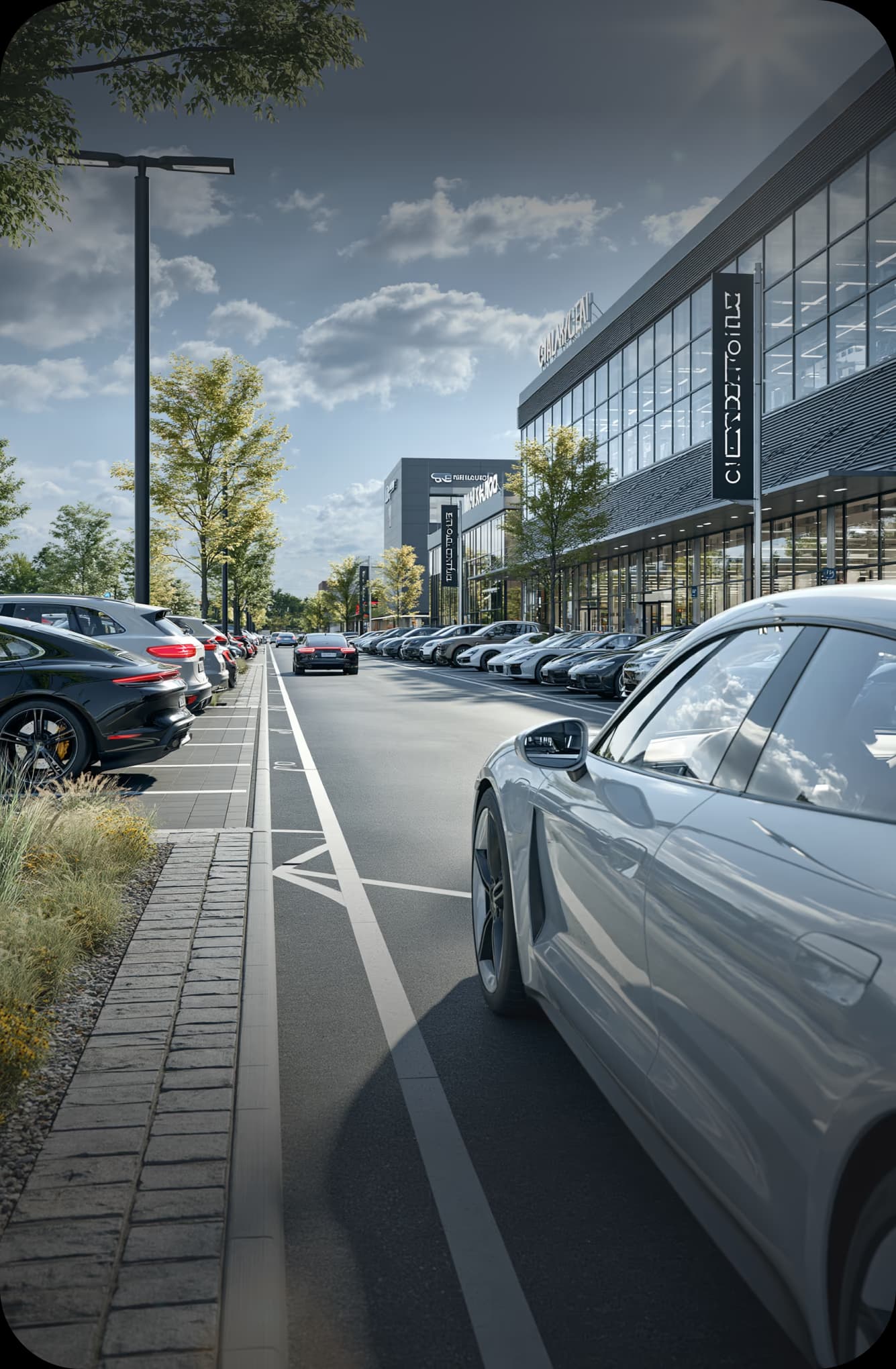Parking of an office park in front of modern office buildings