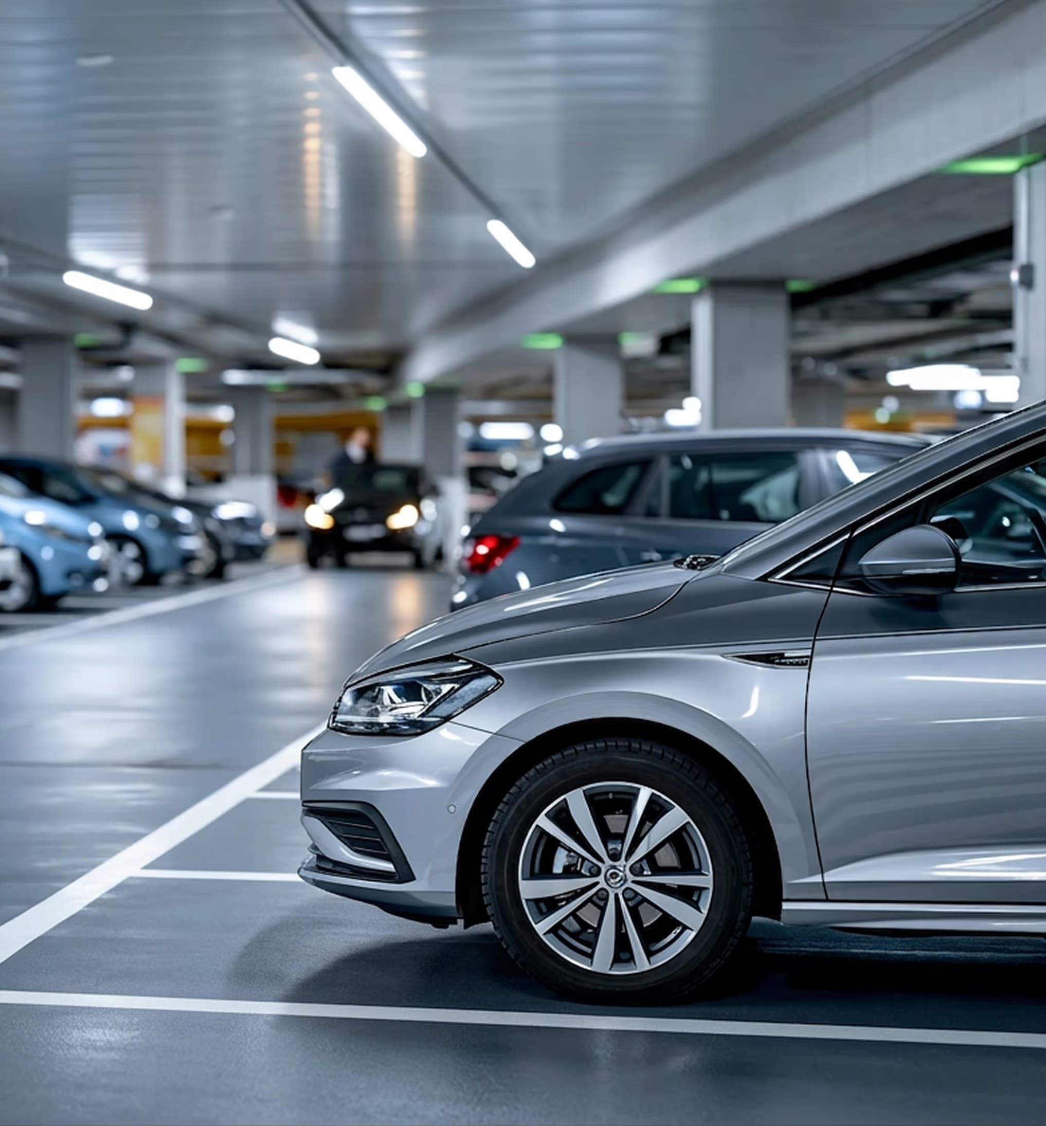 A lit underground garage with parked vehicles