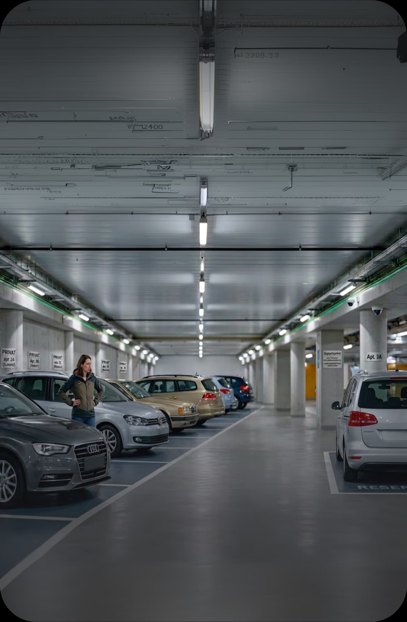 An occupied tenant bay in an underground garage