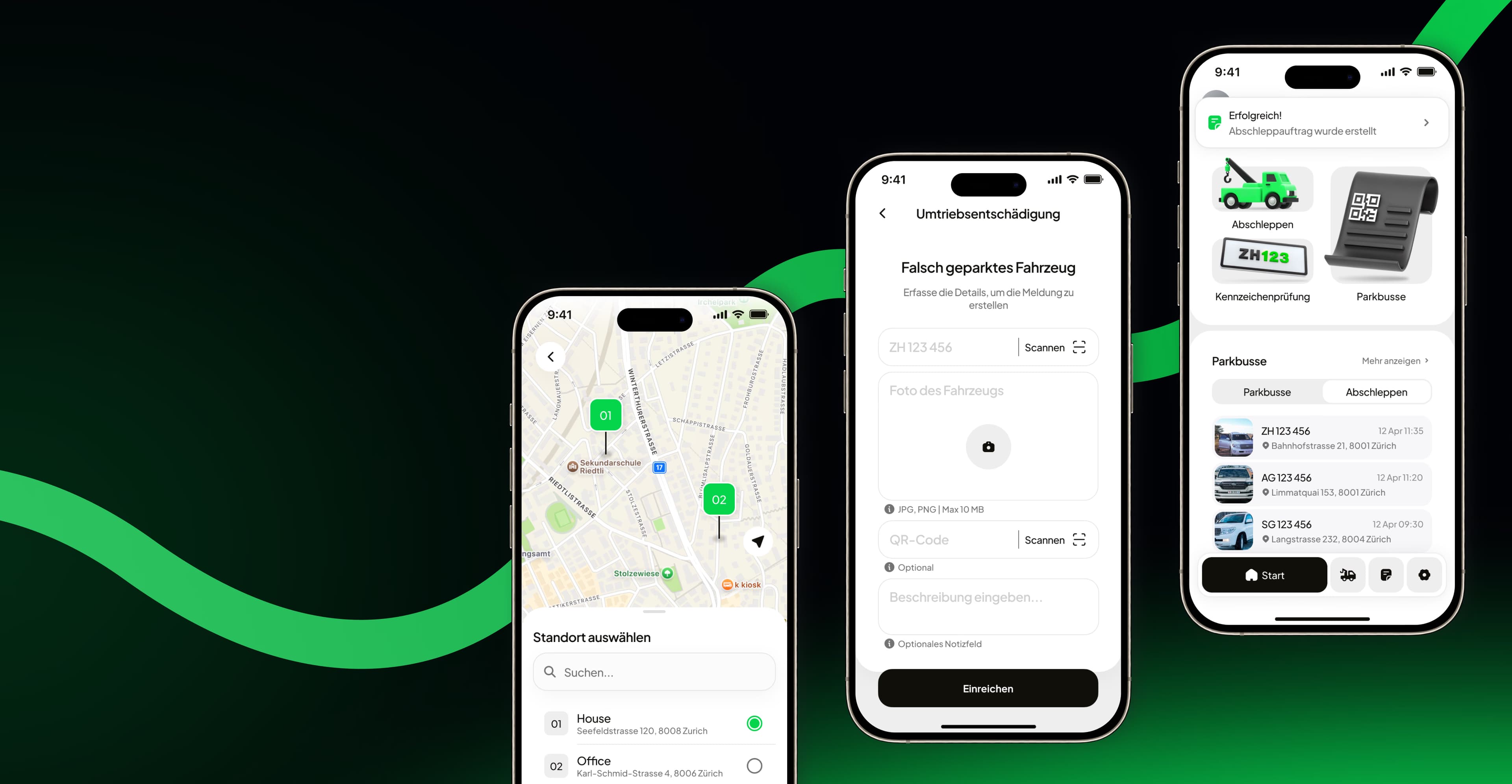 The FalschParker app on three smartphones: map view, order overview and towing order